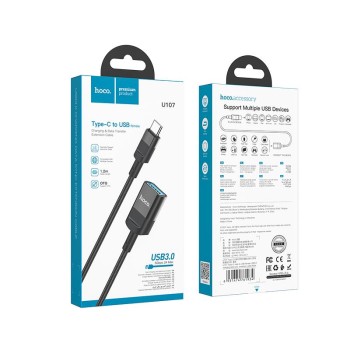 HOCO U107 ΚΑΛΩΔΙΟ ΕΠΕΚΤΑΣΗΣ TYPE-C MALE ΣΕ USB FEMALE USB3.0, 1,2m, ΜΑΥΡΟ